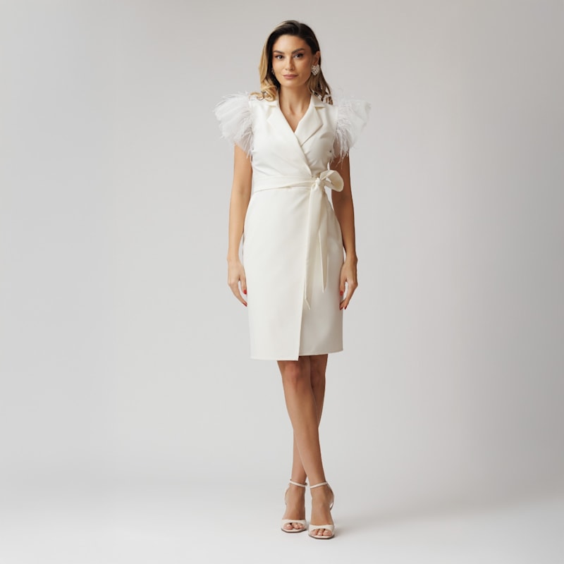 Thumbnail of White Short Wrap Blazer Dress With Winged Tulle Sleeves image