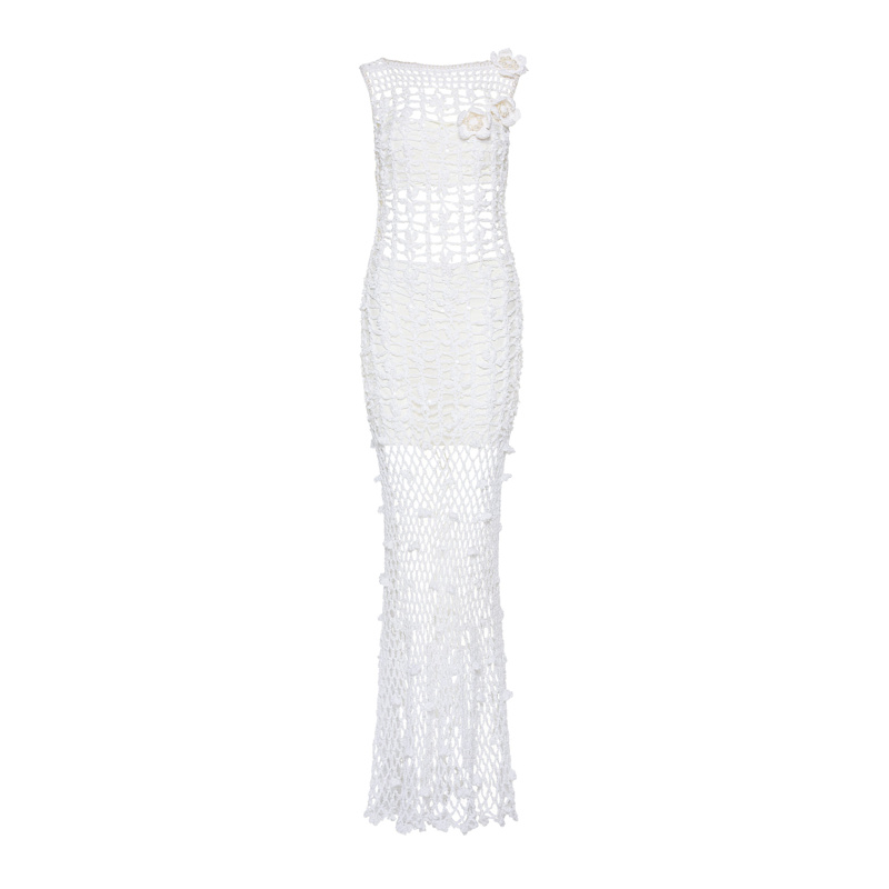 strapless open back dress Off-White One-Shoulder Crochet Flower Maxi Dress