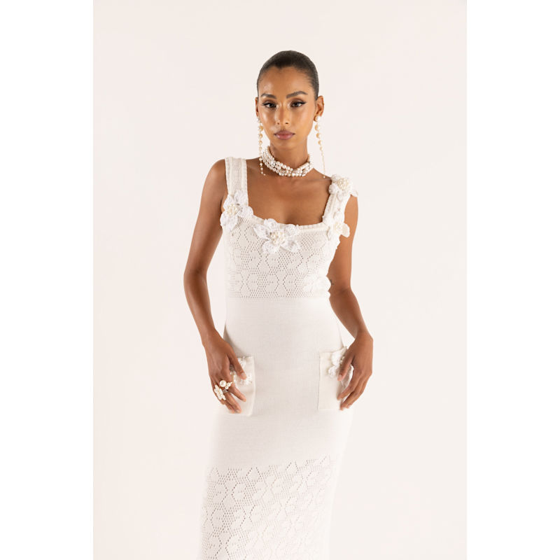 Thumbnail of White Vanilla Knit Dress With Handmade Embroidery image