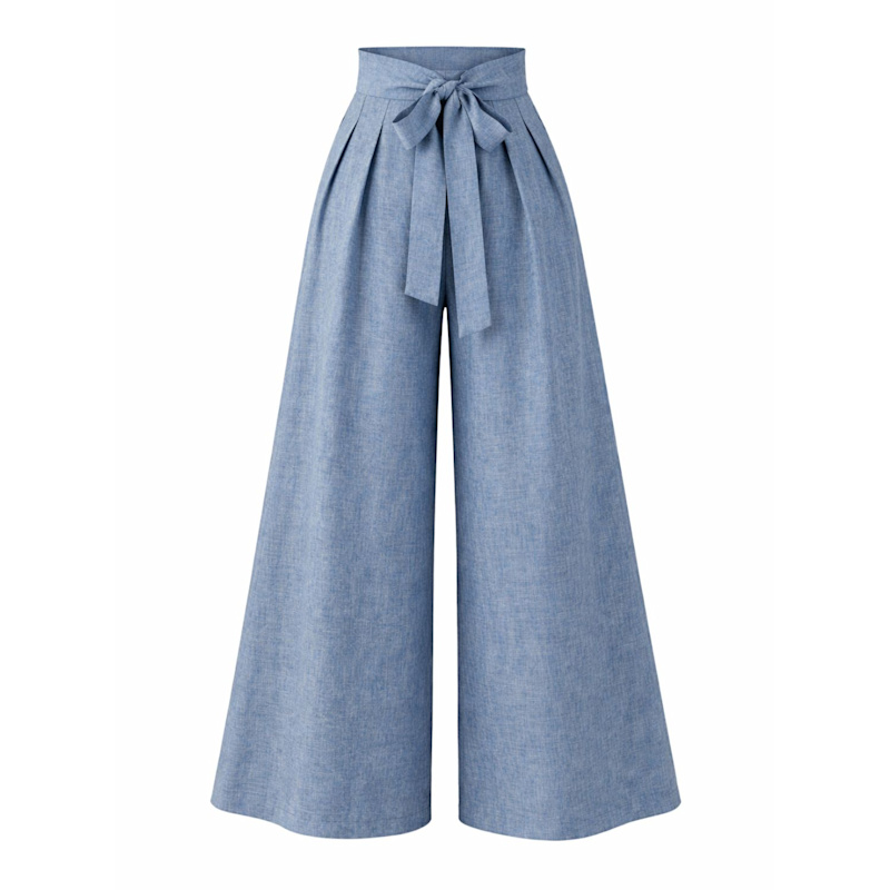 Thumbnail of Wide Leg Baggy Linen Pants With High Waist And Front Tie In Blue Melange image