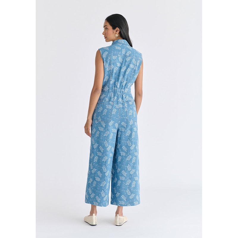 Thumbnail of Wide Leg Denim Jumpsuits In Leaf Pattern In Light Denim Blue image