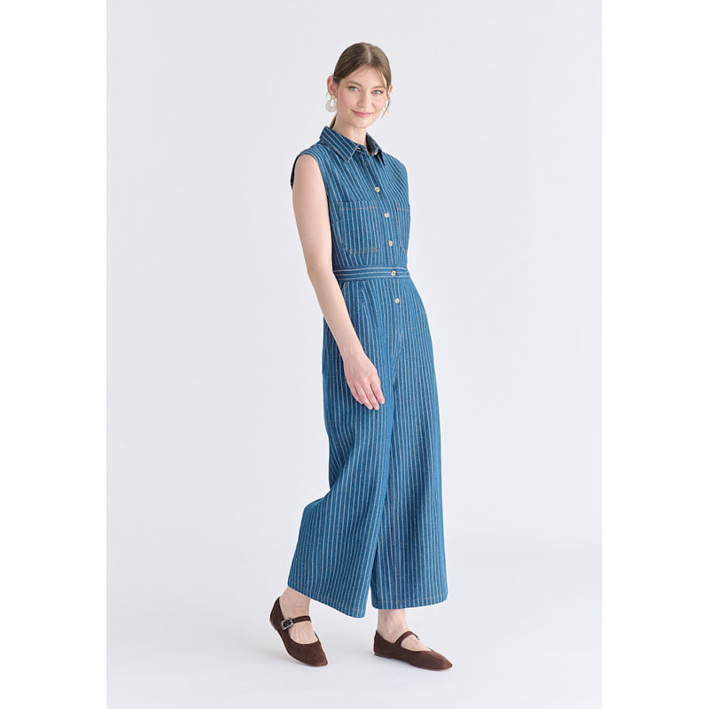 Thumbnail of Wide Leg Denim Jumpsuits In Stripes In Denim Blue image