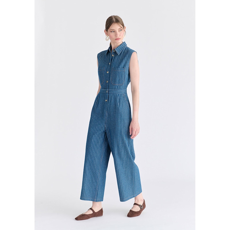Thumbnail of Wide Leg Denim Jumpsuits In Stripes In Denim Blue image