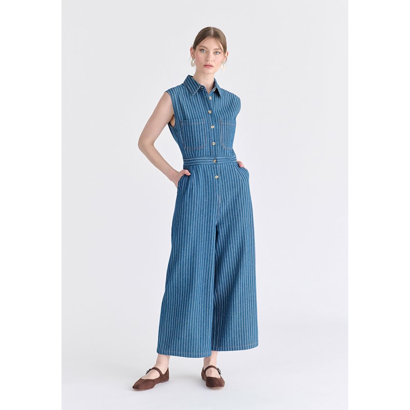 Thumbnail of Wide Leg Denim Jumpsuits In Stripes In Denim Blue image
