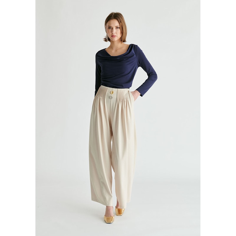 Thumbnail of Wide Leg Trousers With Pleated Waist Detail In Cream image