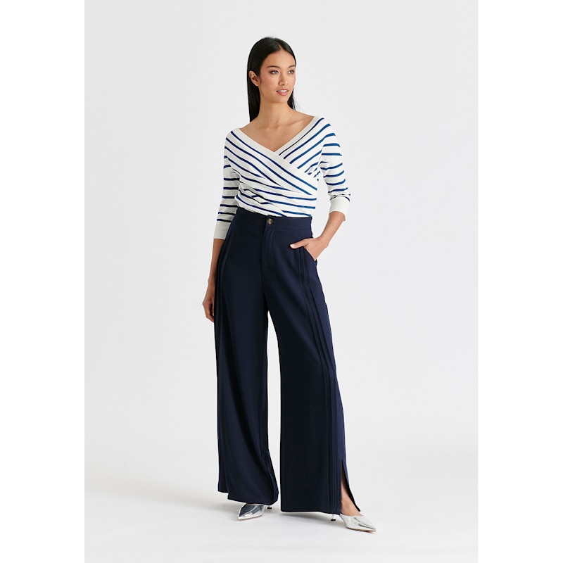 Thumbnail of Wide Leg Trousers With Side Pleats And Split Hem In Navy image