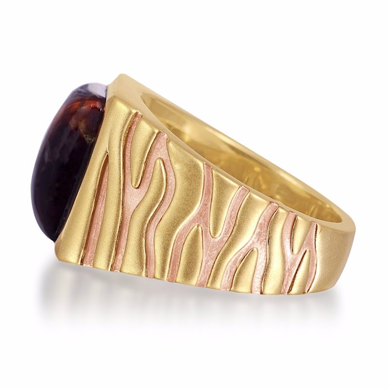 Chatoyant Red Tiger Eye Stone Signet Ring In Brown Rhodium