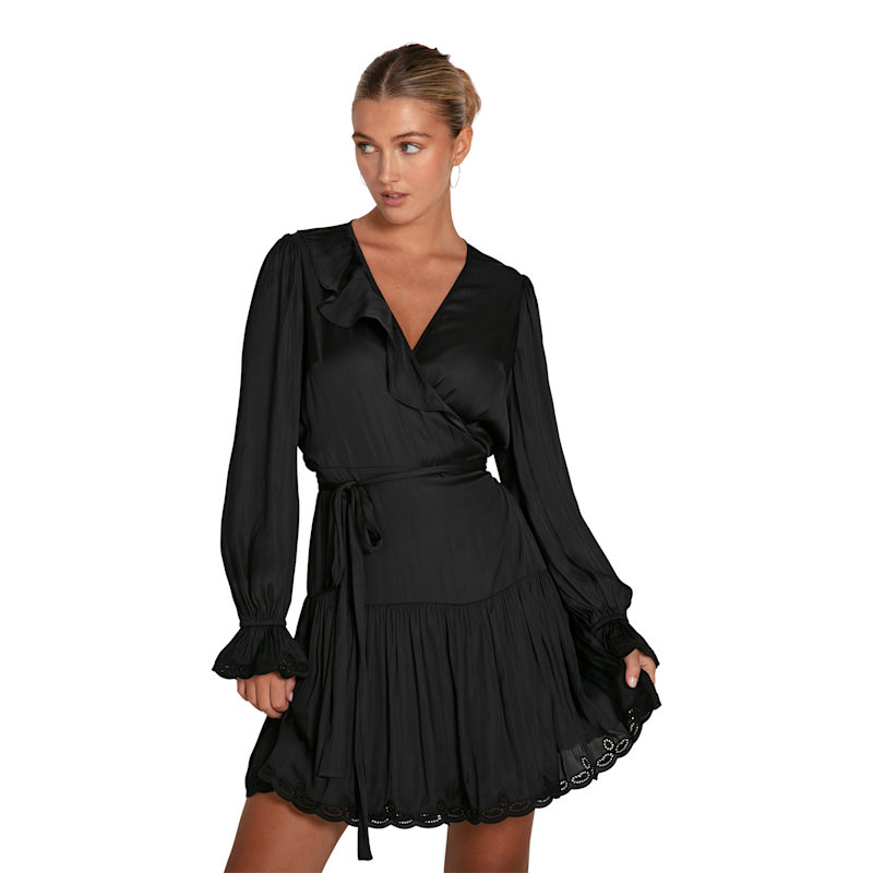 black embroidered wrap dress Empress Kutch Embroidered Cotton Black Wrap Dress For Women Online –  Okhaistore main image 0
