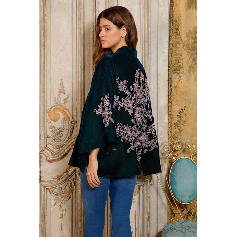 Wild Flowers & Butterflies Teal & Pink Velvet Embroidered Short