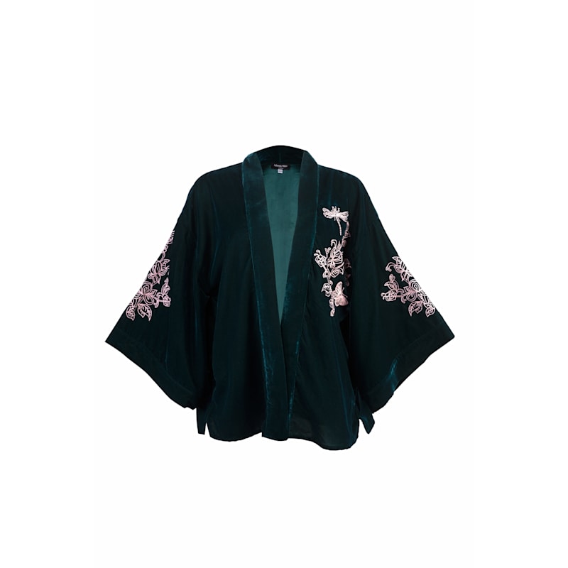 Wild Flowers & Butterflies Teal & Pink Velvet Embroidered Short