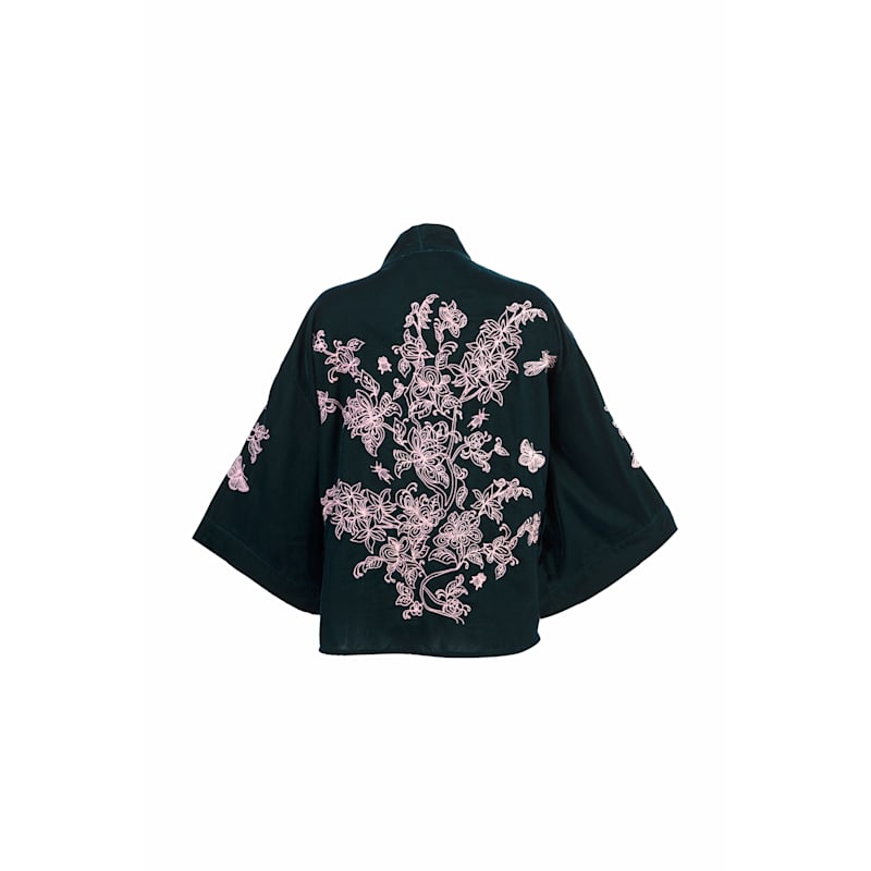 Thumbnail of Wild Flowers & Butterflies Teal & Pink Velvet Embroidered Short Kimono image