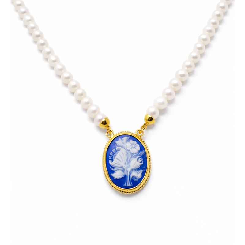 Thumbnail of Wildflower Blue Cameo Necklace With Pearls image