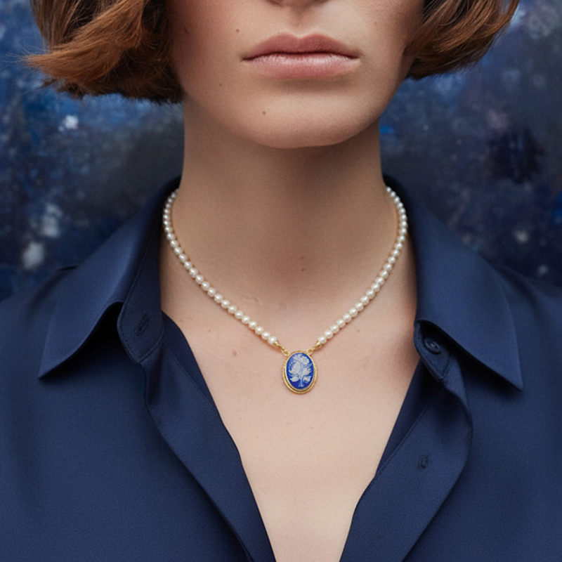 Thumbnail of Wildflower Blue Cameo Necklace With Pearls image