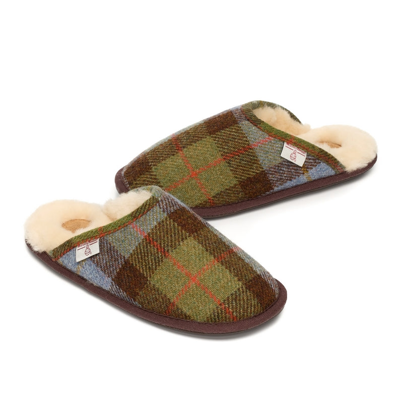 Thumbnail of William - Harris Tweed Sheepskin Lined Mule Slippers - Chocolate / Green Check image