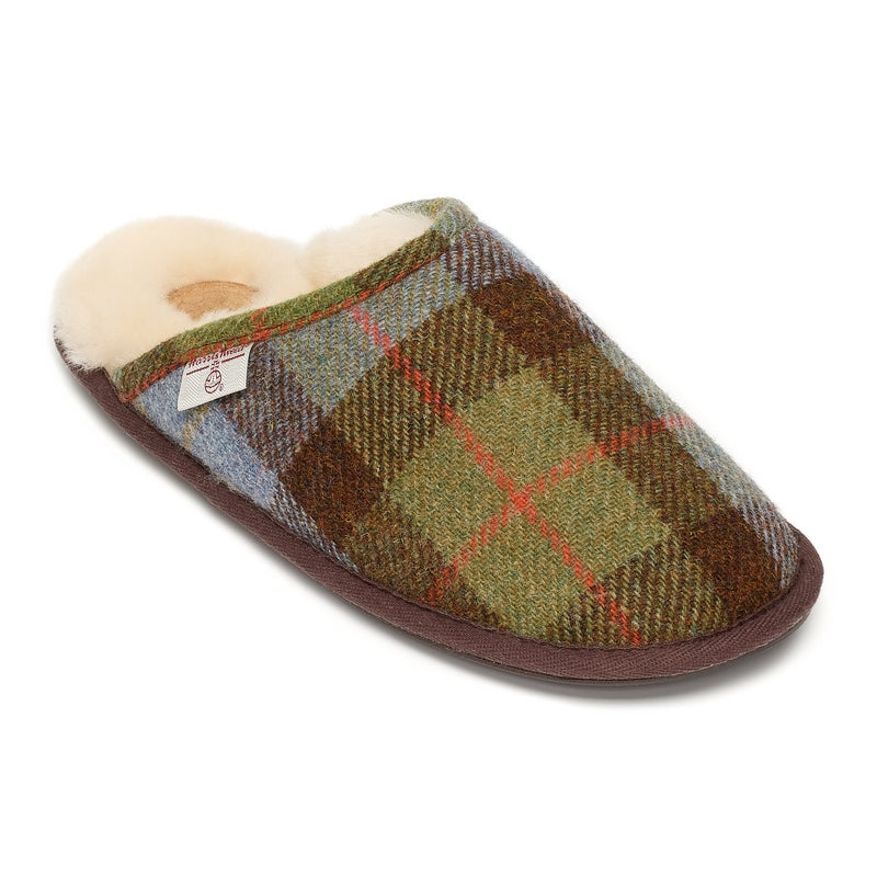 Thumbnail of William - Harris Tweed Sheepskin Lined Mule Slippers - Chocolate / Green Check image