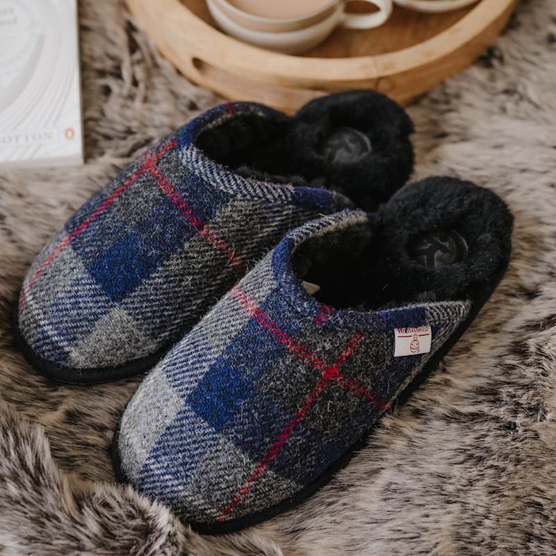 Thumbnail of William - Harris Tweed Sheepskin Lined Mule Slippers - Navy / Black Check image