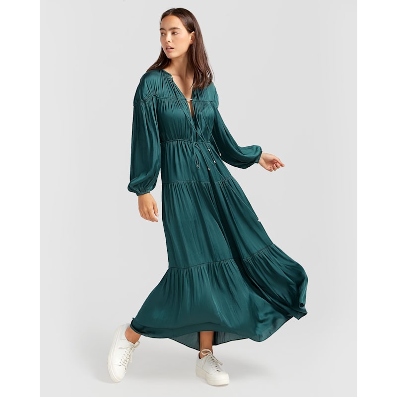 knee length dresses for ladies Amanda uprichard jade silk maxi dark green dress – Turner's