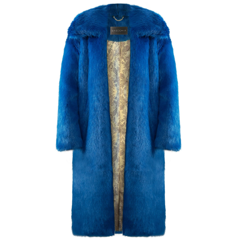 Windsor Vegan Faux Fur Blue Long Coat | VASEGHIA | Wolf & Badger