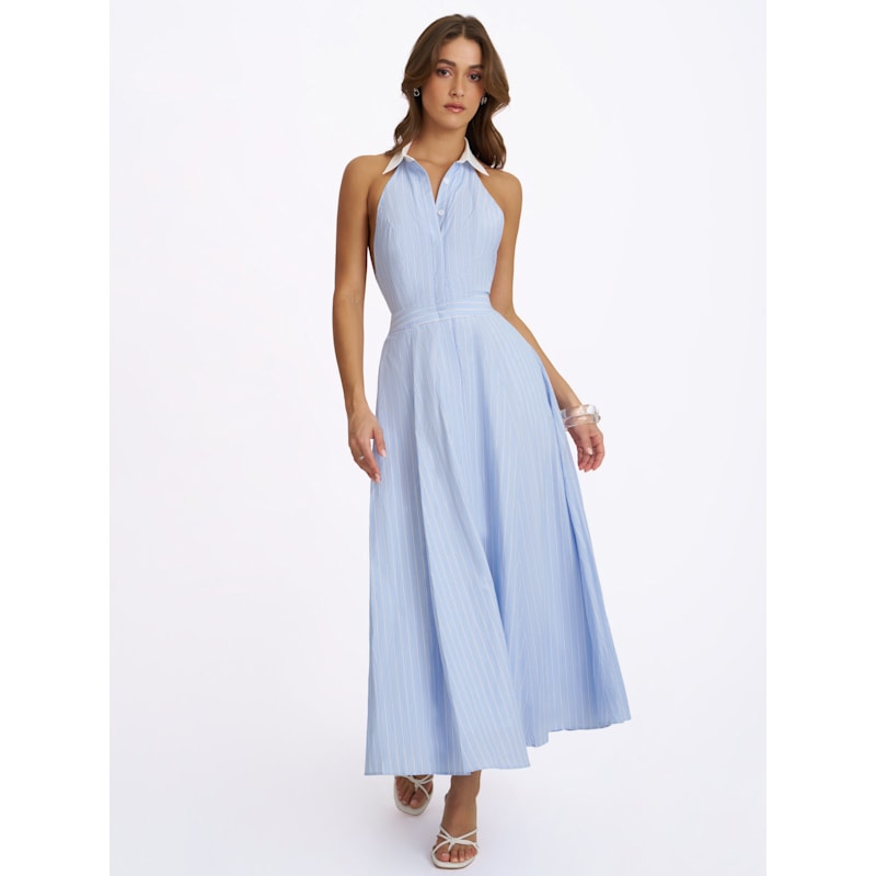 Thumbnail of Winslet Sky Blue Striped Cotton Poplin Halter Maxi Dress image