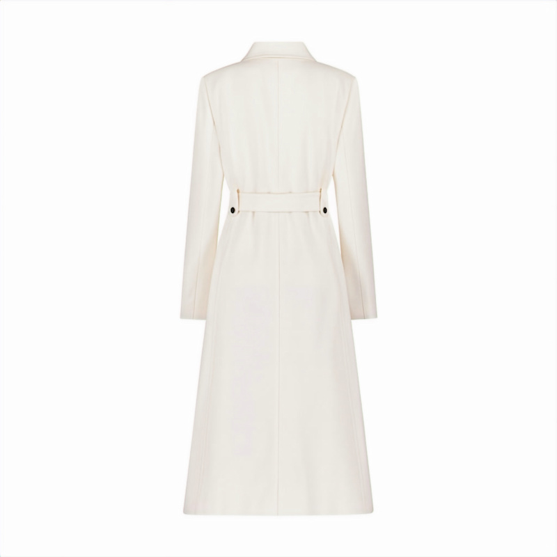 Winter White, Double-Breasted, Belted Trench Coat With High
