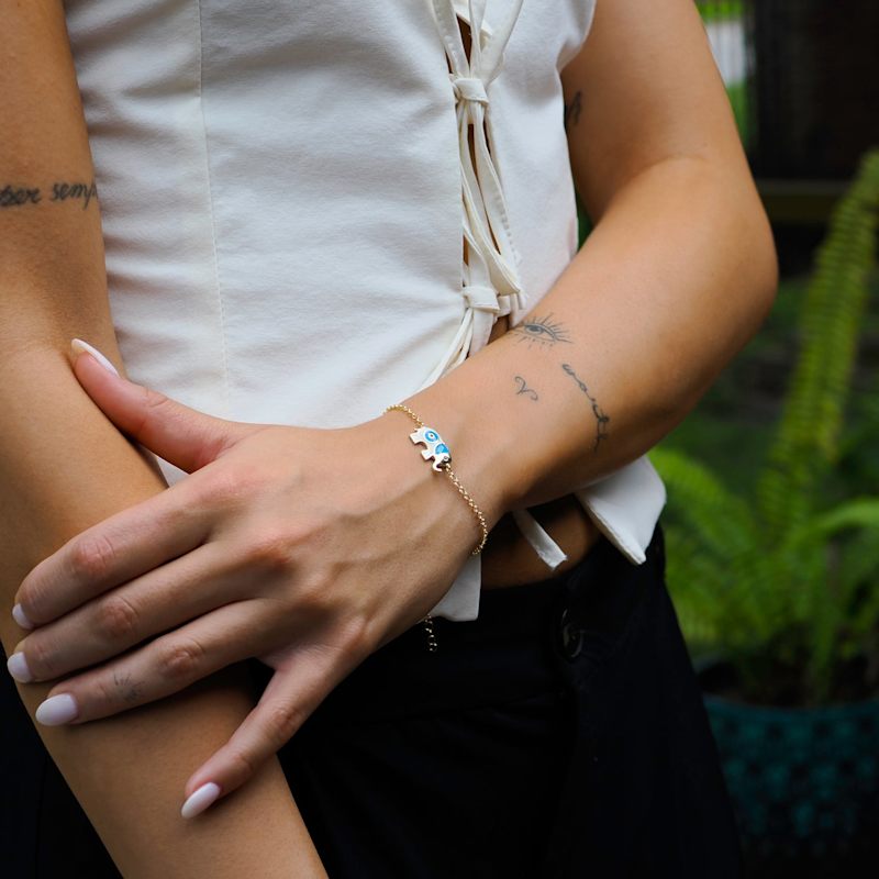 Thumbnail of Wishful Elephant & Evil Eye Blue Enamel Gold Chain Bracelet - Blue image