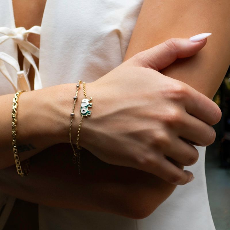 Thumbnail of Wishful Elephant & Evil Eye Green Enamel Gold Chain Bracelet - Green image