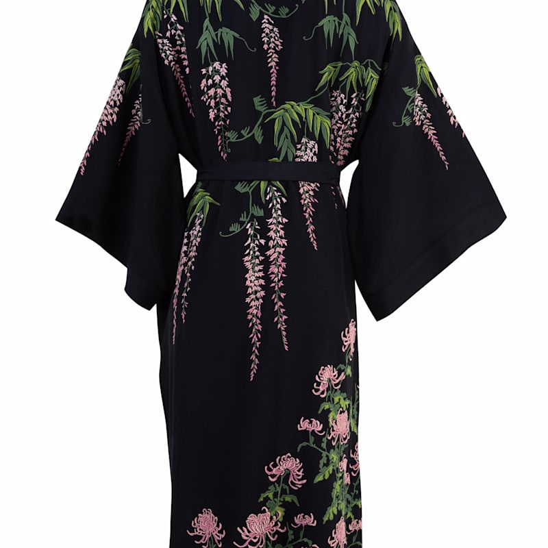Thumbnail of Wisteria & Chrysanthemum Embroidered Black & Pink Fully Lined Long Kimono image