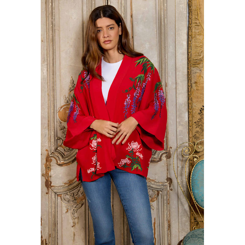 Thumbnail of Wisteria & Chrysanthemum Embroidered Red Fully Lined Short Kimono image