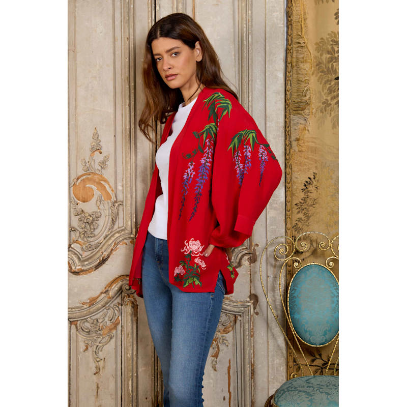 Thumbnail of Wisteria & Chrysanthemum Embroidered Red Fully Lined Short Kimono image