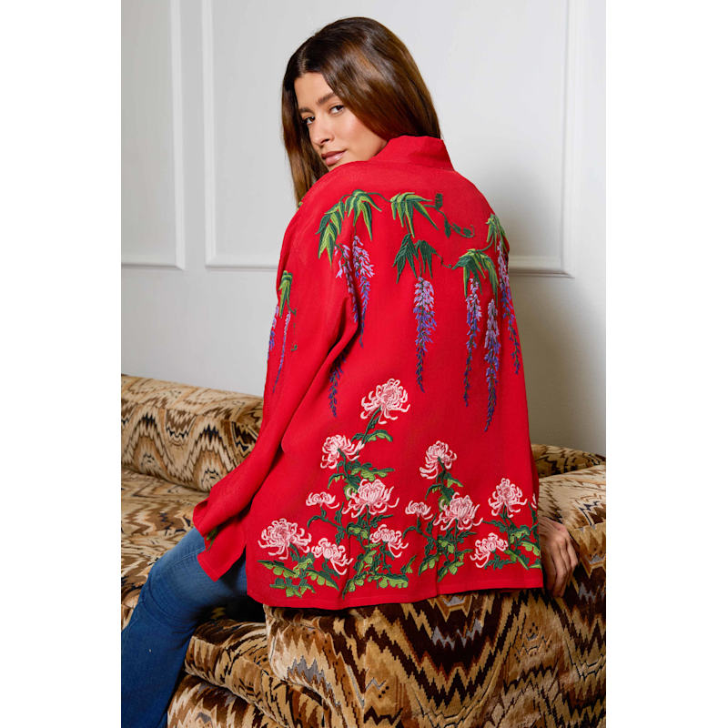 Thumbnail of Wisteria & Chrysanthemum Embroidered Red Fully Lined Short Kimono image