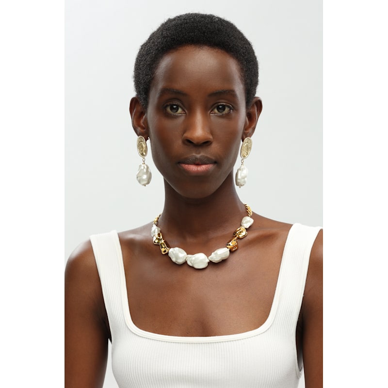 Thumbnail of Matted Gold Sculpted Oversized Baroque Pearl Drop Earrings image