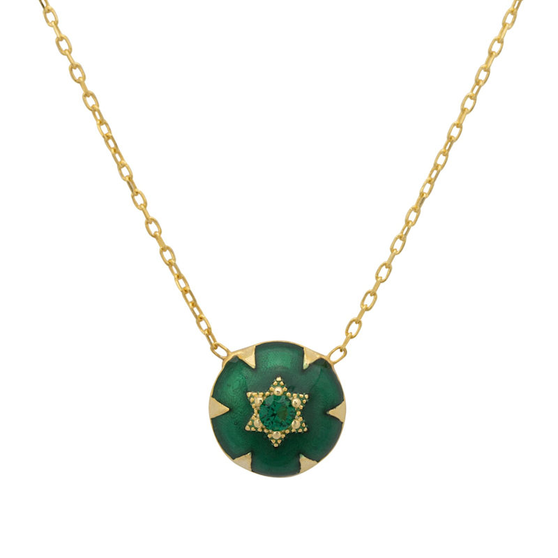 Thumbnail of Star Of David Green Enamel Necklace Gold image