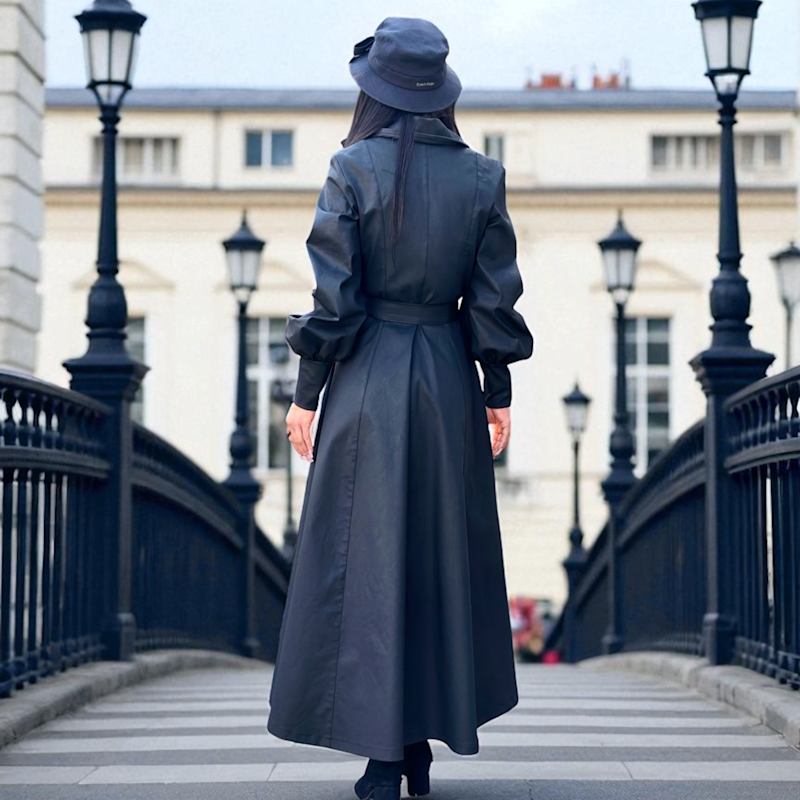 Street Style Leather Look Trench Black Leather Look Coat On Sale