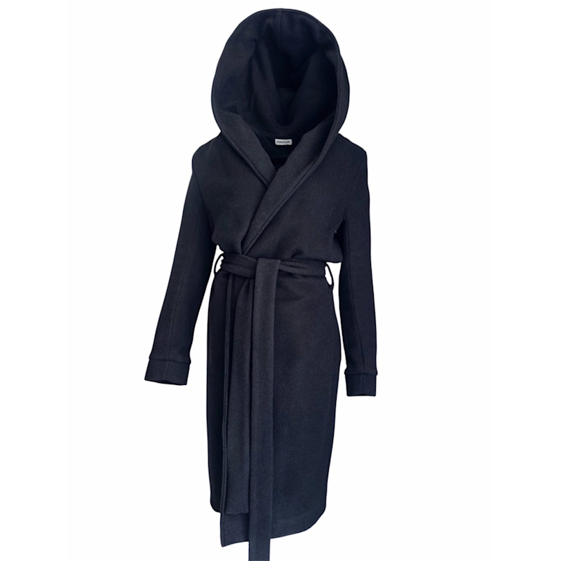 Women'S Black Wool Coat With Oversized Hood And Belt – Handmade