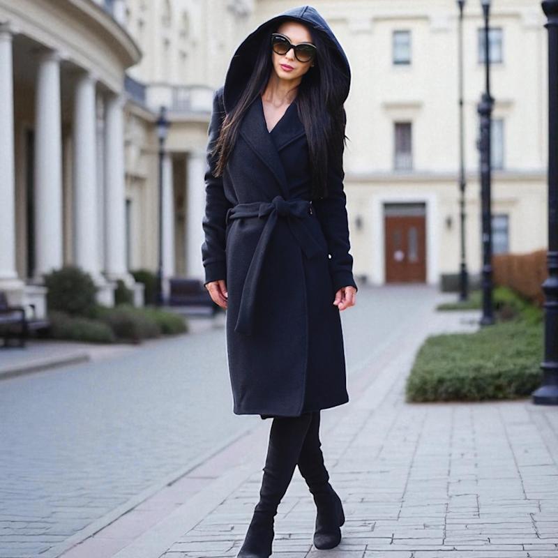 Women'S Black Wool Coat With Oversized Hood And Belt – Handmade