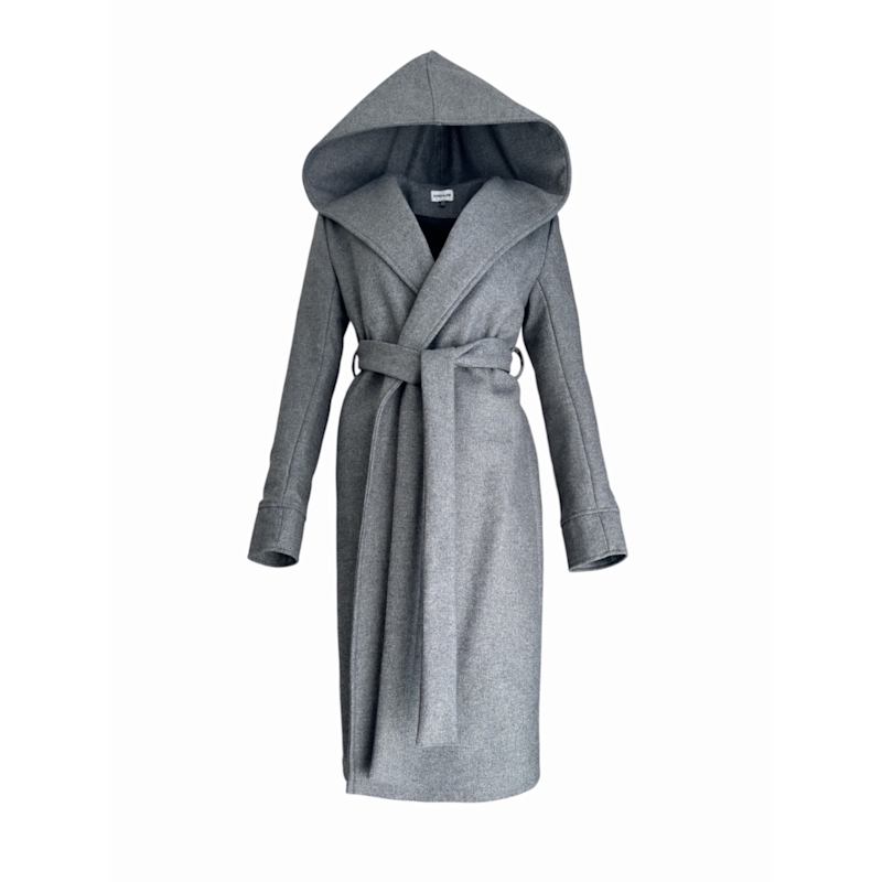 Women'S Long Grey Wool Coat With Hood And Belt – Handmade Designer