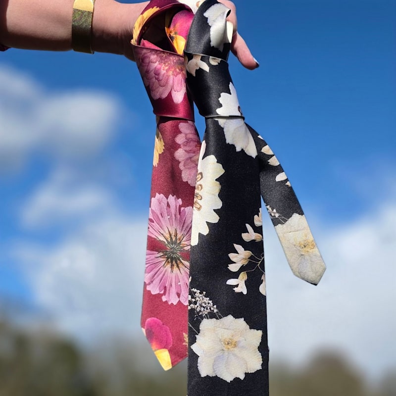 Thumbnail of 'Strength' Classic Black Satin Tie - Floral Pattern Design image
