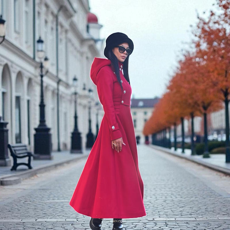 Womens Red Wool Long Coat With Hood And Lining – Handmade Designer