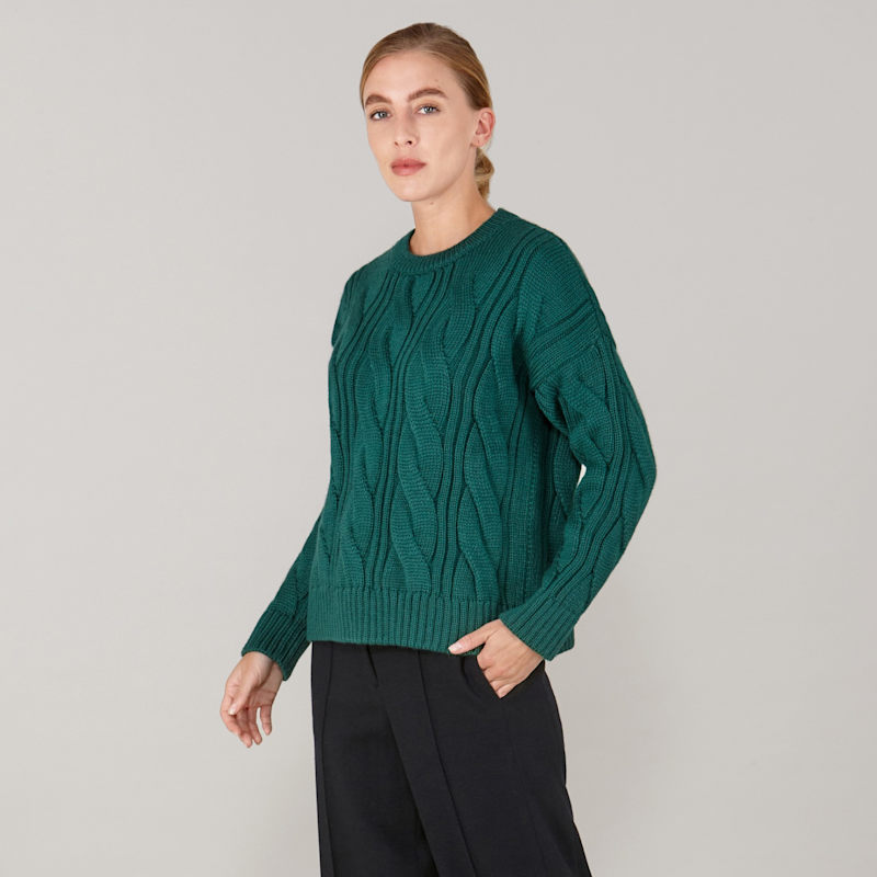 Womens Chunky Merino Wool Mary Cable Jumper Ivy Green by Paul James  Knitwear