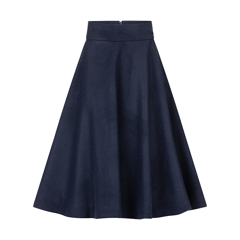 Dark Blue Wool Skirt Below The Knee With High Waist & Pockets