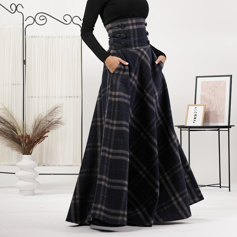 Wool Tartan Floor Length Skirt With Ultra High Waist In Plaid Colour by  Nikka Place