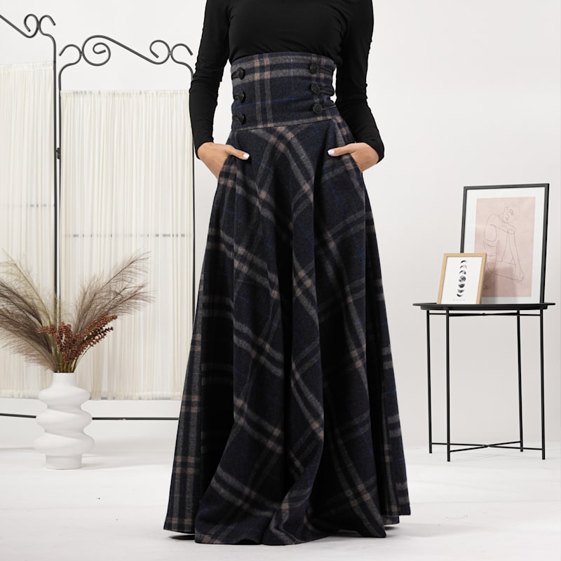 Wool Tartan Floor Length Skirt With Ultra High Waist In Plaid