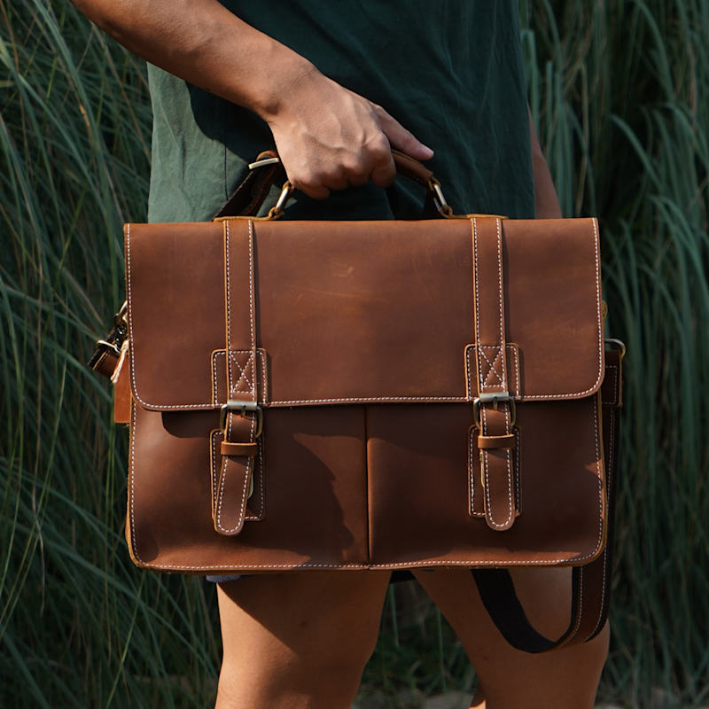 Thumbnail of Worn Look Genuine Leather Briefcase - Worn Brown image