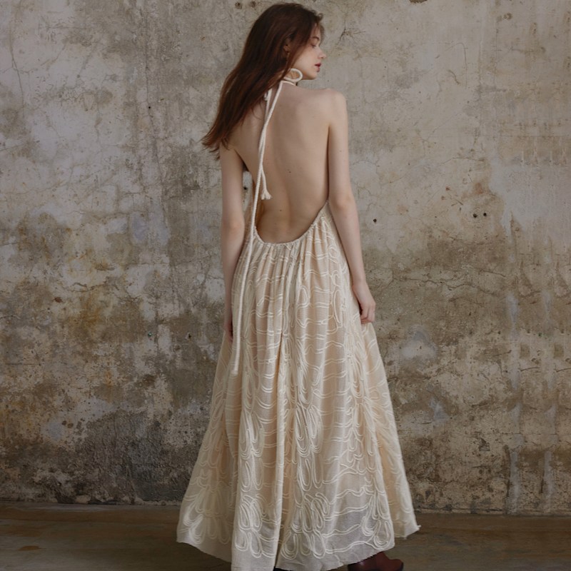 beige open back dress Women's Light beige Open-back maxi dress