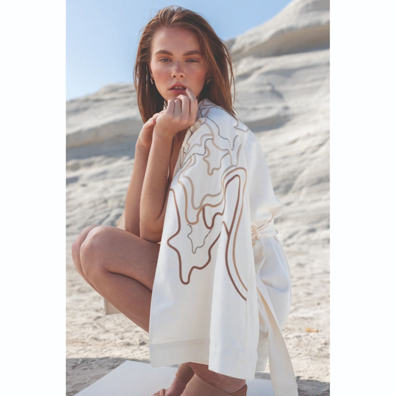 Woven, Embroidered, Stone Sparkling, Ecru White Cape Kimono