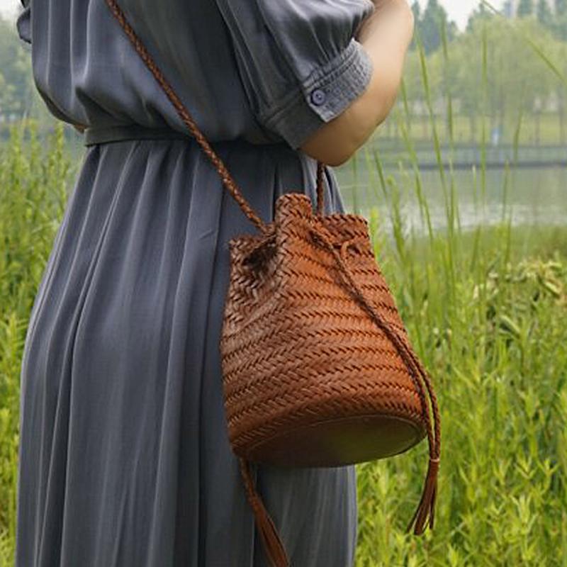 Thumbnail of Woven Leather Cross Body Bag 'Alice' - Tan image