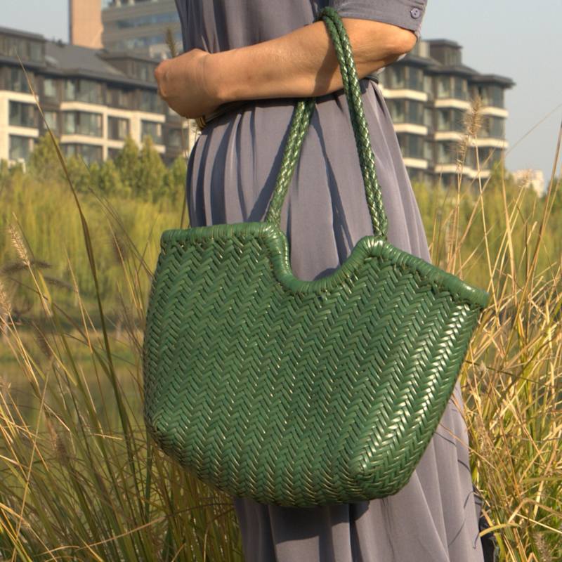 Woven Leather Handbag In Zigzag Pattern 'Vittoria' - Green
