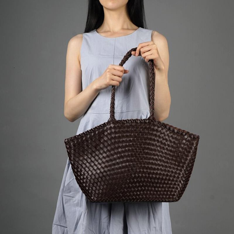Thumbnail of Woven Leather Tote Shoulder Bag 'Nicoletta' - Dark Brown image