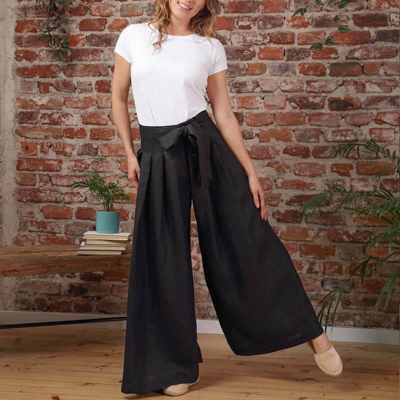 Wrap Around Wide Leg Linen Pants With Front Tie In Black