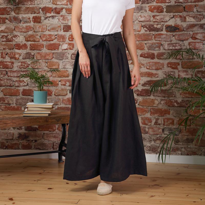 Wrap Around Wide Leg Linen Pants With Front Tie In Black | Nikka